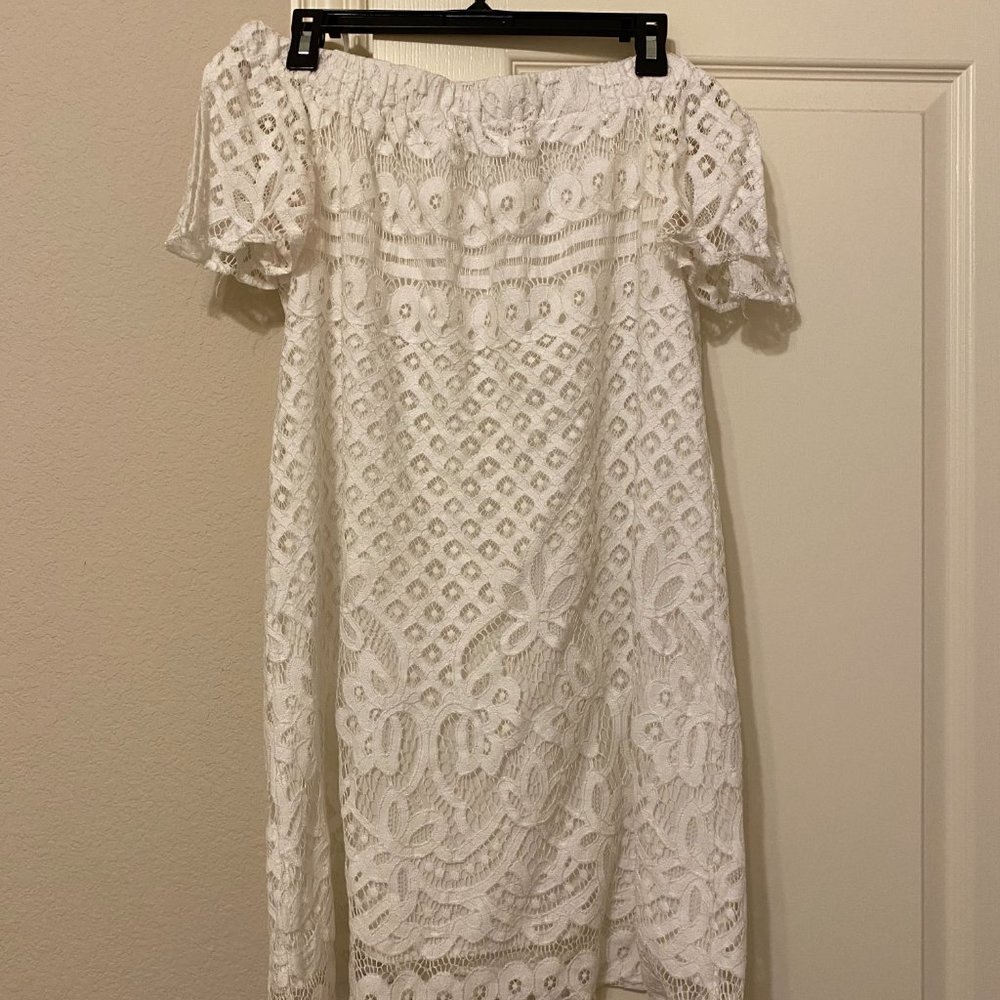 Kaari Blue Off the Shoulder White Lace Dress